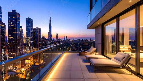  high rise balcony showcasing glass railing lounge chair refined modern outdoor interior backdrop