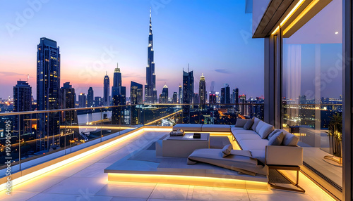  Upscale city balcony featuring transparent glass railing comfortable lounge chair contemporary exterior design background