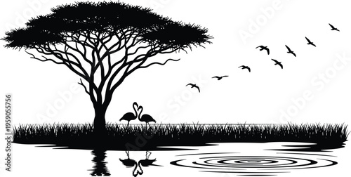 African savanna tree silhouette with birds and flamingos near water reflection, wildlife nature landscape illustration, black and white design representing serenity and natural habitat