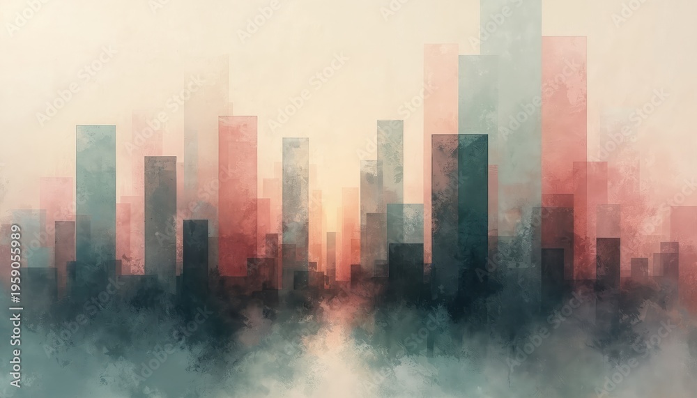 Fototapeta premium Abstract cityscape with muted geometric shapes and watercolor texture. Buildings fade into soft sky hues, creating a dreamy urban panorama with subtle color overlays, artistic blend, soft focus.
