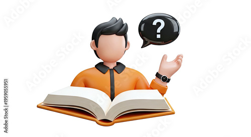 3D Character with Question Mark Speech Bubble and Open Book