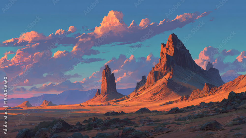 Naklejka premium Sunset over dramatic desert rock formations, casting golden hues