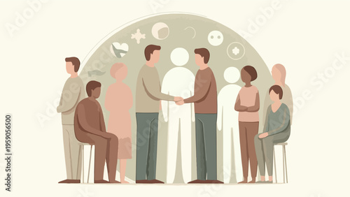 Diverse Group of People Handshaking at Support Group Session, Warm Neutral Tone Mental Health Community and Inclusion Concept Illustration