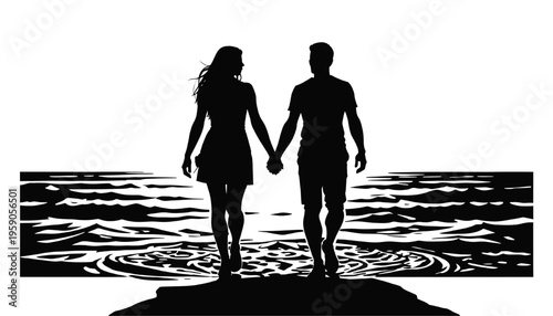 romantic couple silhouette holding hands walking into ocean water with waves on beach isolated on transparent background ideal for love travel summer and relationship themes
