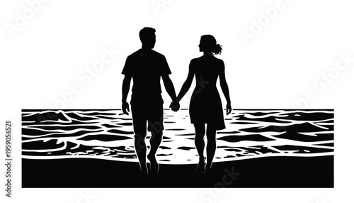 couple silhouette walking hand in hand on beach with ocean waves isolated on transparent background ideal for romance travel lifestyle and summer themed design