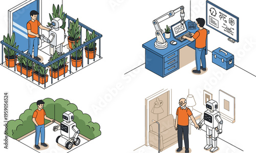 Human and robot interaction scenes in daily life, technology and artificial intelligence concept, people working, helping and communicating with robots in modern environment illustration