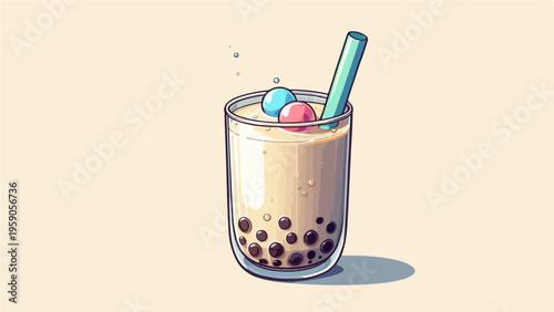 Colorful Bubble Milk Tea with Tapioca Pearls and Popping Boba Toppings, Cute Cartoon Boba Drink Illustration on Beige Background