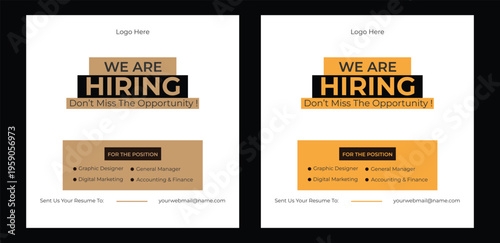 We are hiring social media post job vacancy banner template with black yellow color. corporate employee recruitment square flyer design. We are hiring job vacancy social media post banner design templ