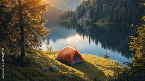 Bright orange camping tent pitched on grassy hill beside calm lake surrounded by dense forest and mountains, bathed in warm sunlight creating peaceful outdoor scene