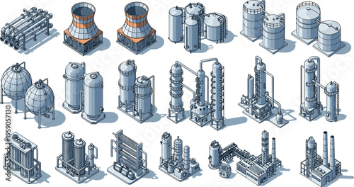 Industrial refinery and factory equipment isometric set including tanks, pipelines and processing units, engineering and manufacturing concept illustration, detailed technology 