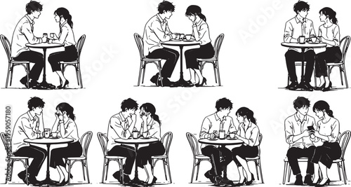 Couple dining set line art romantic date scenes man woman sitting cafe table love illustration