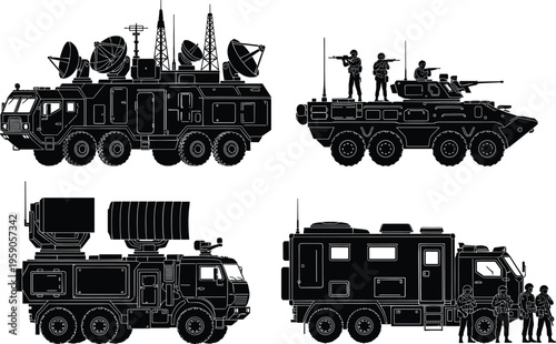 Military vehicle silhouettes set including armored trucks, radar systems and soldiers, defense and army equipment illustration, black isolated icons representing modern warfare technology