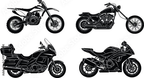 Motorcycle silhouettes collection including sport bike, cruiser, touring and dirt bike, detailed black icons set representing transportation, speed, power and modern motorbike design