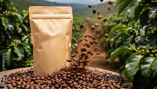 Aromatic Coffee Beans: A close-up shot showcasing a kraft paper bag alongside a cascade of freshly roasted coffee beans, a tantalizing display amidst the lush greenery of a coffee plantation. 