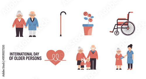 Flat illustrations for International Day of Older Persons senior couples, family, nurse, wheelchair, walking stick. Promoting elderly care and well-being
