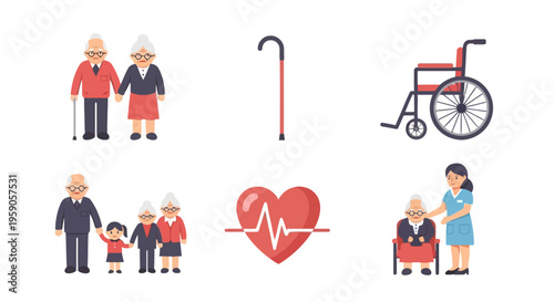 Comprehensive set of flat design icons illustrating elderly lifestyle, senior care, family support, health services, and mobility assistance for an aging population
