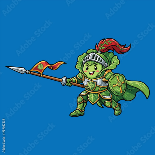 Cartoon Cabbage Knight Holding Spear and Shield