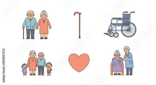 Senior care and assistance icons elderly people, health symbols, and mobility aids for aging support