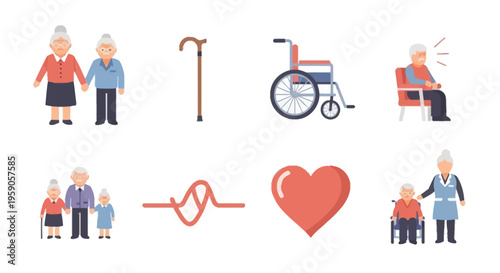Collection of Elderly Care Icons and Symbols, Including Medical, Support, and Retirement Imagery