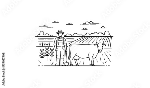 Farmer standing with cow in agricultural field simple rural farming scene black and white vector illustration
