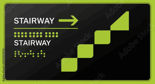 Stairway Sign Icon With Arrow, Braille Text, Minimalist Design, Green And Black Color Scheme
