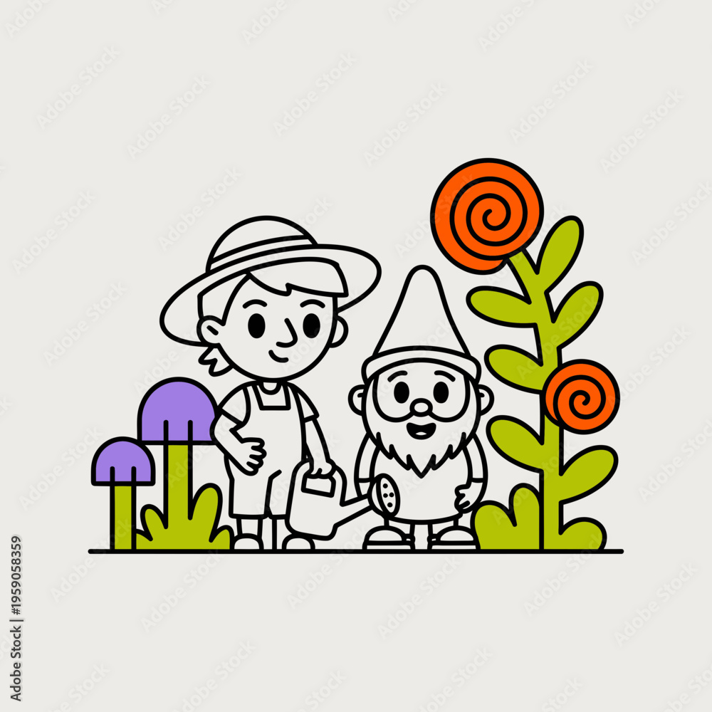 Fototapeta premium Child and Gnome in Garden with Flowers
