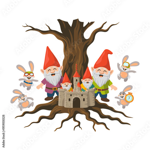 Gnomes Guarding Castle under Tree with Rabbits
