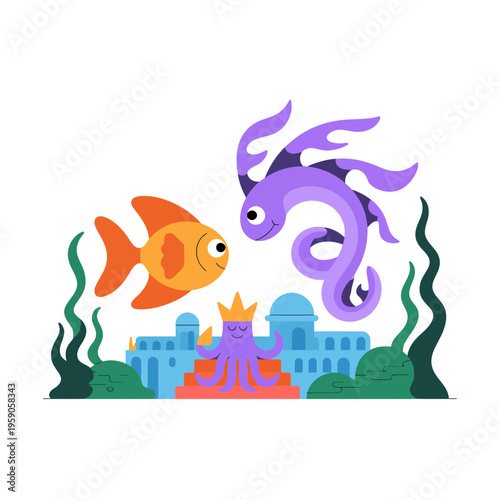 Purple Octopus, Orange Fish Swimming Near Underwater Palace