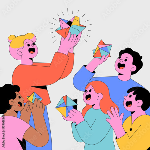 Diverse Group Celebrating with Colorful Origami on White Background