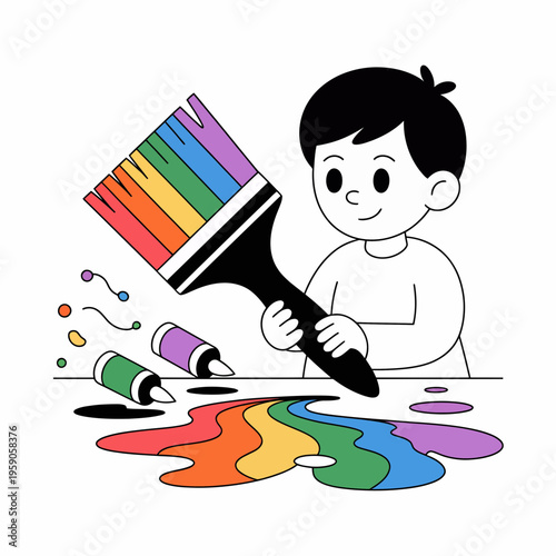Boy Painting with Colorful Brush on White Background