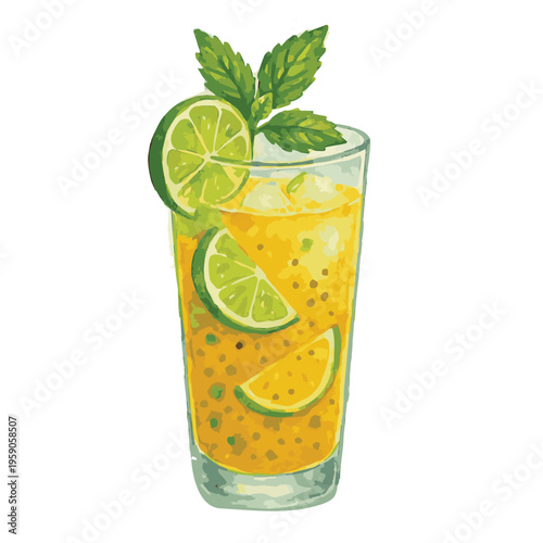 A vector illustration of a refreshing mojito drink with lemon and lime, filled with ice, designed with clean details to create a fresh, cool, and vibrant beverage concept.