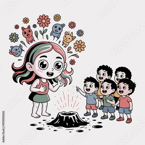 Girl Describing Volcanic Eruption to Diverse Group of Children with Flowers and Animals