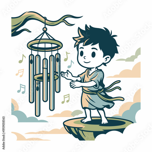 Boy Playing Wind Chime on Cliffside Isolated on White