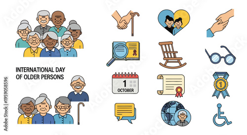 A comprehensive flat line icon collection representing various aspects of aging, elder care, and global senior support, ideal for celebrating and honoring older generations
