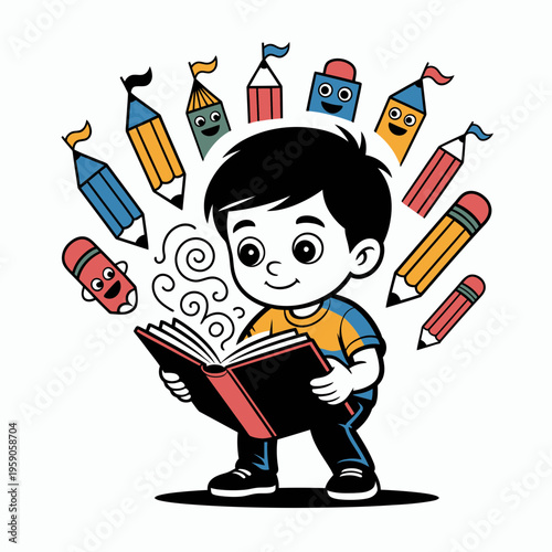 Happy Boy Reading Book with Colorful Pencils and Crayons