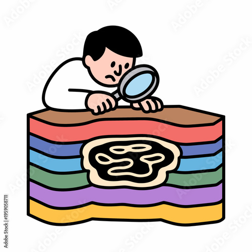 Man Examining Layered Cake with Magnifying Glass