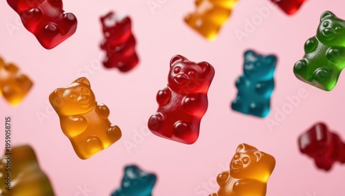Playful gummy bears floating against a gentle pastel backdrop, inviting you into a world of sweet, colorful delight. 