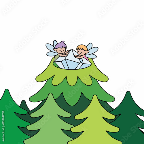 Fairy Twins Riding Diamond on Green Christmas Tree Top