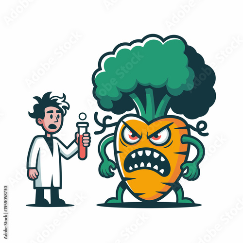 Angry Mutant Carrot with Green Leaves and Scientist in Lab Coat Holding Test Tube
