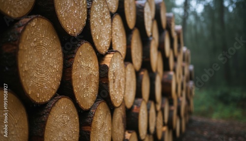A large stack of freshly cut wooden logs, wet with water droplets, displaying prominent annual rings in a forest.