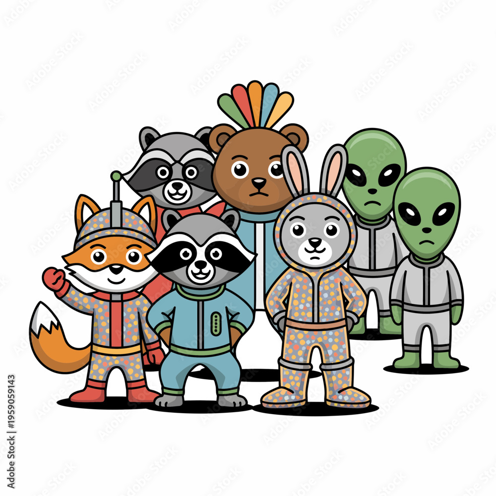 Fototapeta premium Cartoon Animals and Aliens in Space Suits