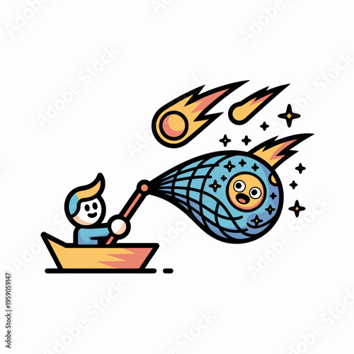 Cartoon Man in Boat Sweeping Meteor with Net