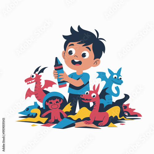 Boy Playing with Colorful Markers and Dragon Toys on White Background