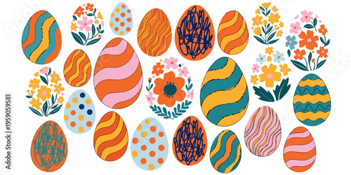 Easter eggs adorned with diverse botanical artwork and wavy line patterns are scattered artistically to create a cheerful composition perfect for seasonal advertisements or digital scrapbooking.