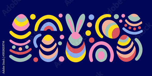 Geometric arrangement of stylized Easter eggs and abstract rounded shapes centered around a vertically oriented bunny figure on a solid dark blue canvas.