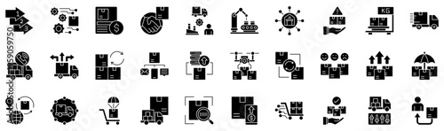 Supply Chain Logistics glyph style icons collection. Vector illustrations. Step, Product management, Procurement, Partnership, Supply chain, Automatic, Distribution center. Pro Vectors.	
