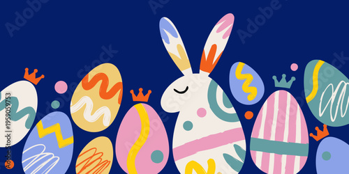 A white stylized rabbit figure with closed eyes stands among numerous decorated Easter eggs featuring crowns against a deep royal blue background border.