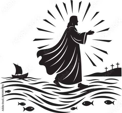 Jesus christ walking on water silhouette with sun rays, Generative Ai