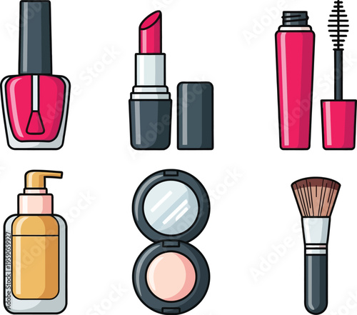 Makeup Product Icon Set Lipstick Nail Polish Mascara Powder Brush Cosmetic Vector Collection