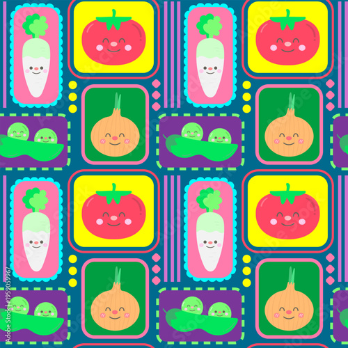 Cute Spring Garden Vegetables with Smiling Radish Tomato Peas and Onion